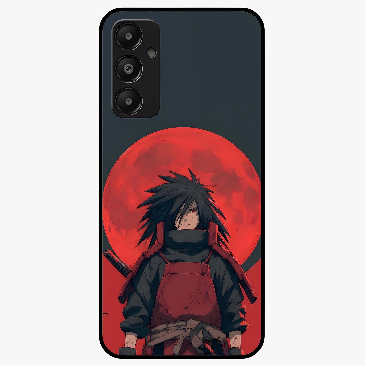 Crimson Moon Warlord Glass Case showing flat back view with mystical moon warrior artwork and glossy glass finish.