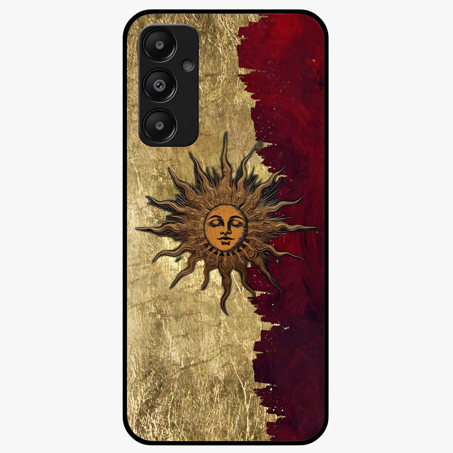 Crimson Sun Majesty Glass Case showing flat back view with radiant sun inspired artwork and glossy glass finish.