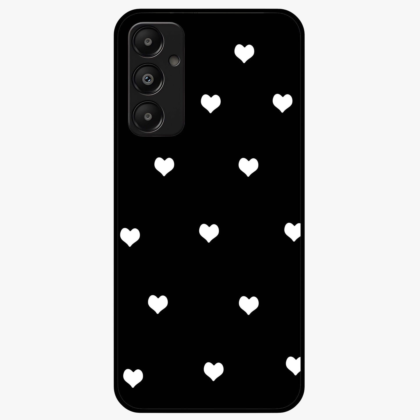 Cute And Simple White Hearts Glass Case showing flat back view with minimal white heart pattern and glossy glass finish.