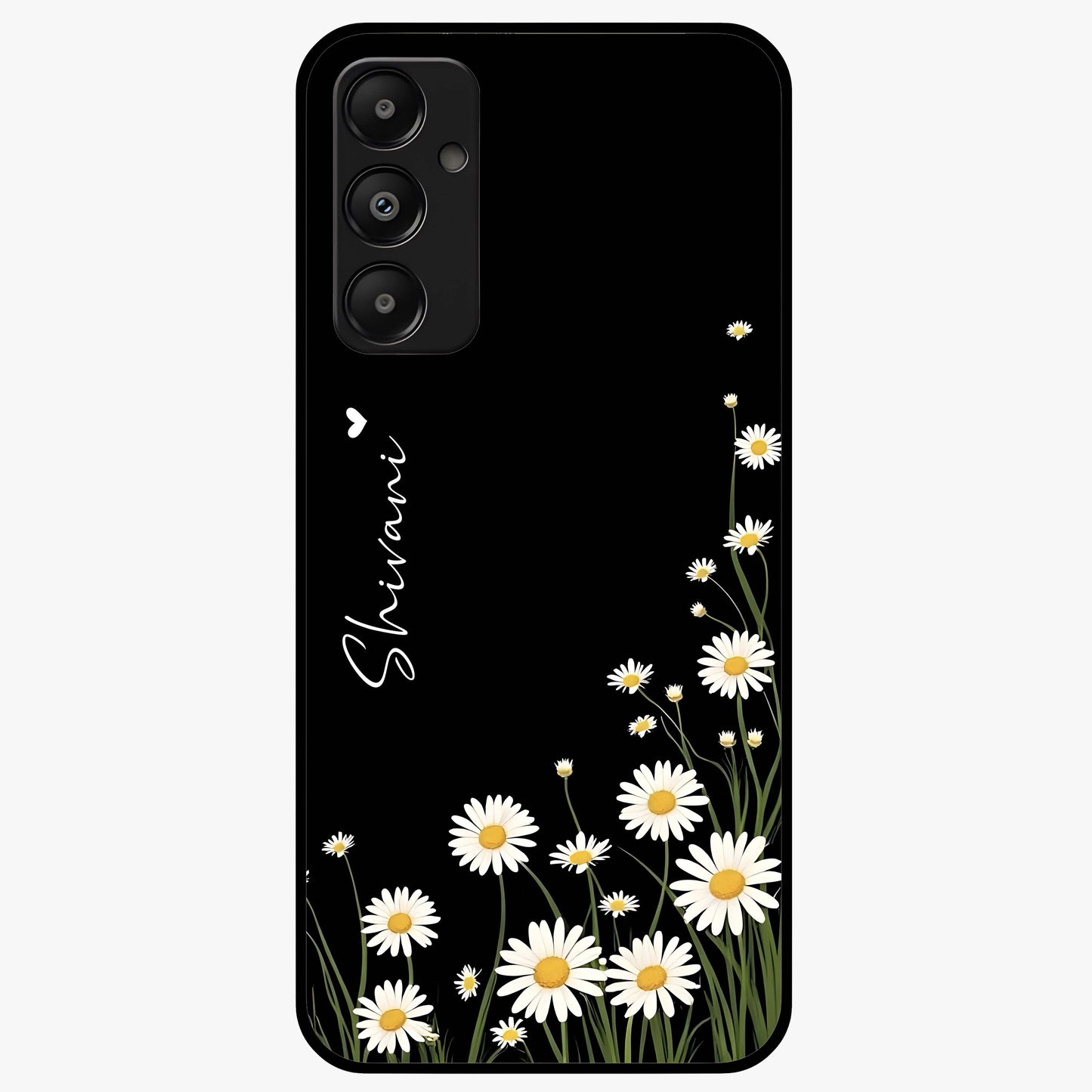 Daisy Cascade Custom Name Glass Case showing flat back view with cascading daisy flowers and personalized name design.