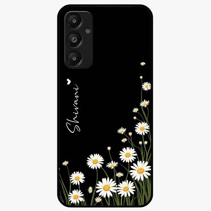 Daisy Cascade Custom Name Glass Case showing flat back view with cascading daisy flowers and personalized name design.