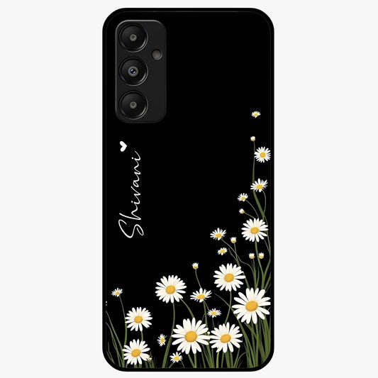 Daisy Cascade Custom Name Glass Case showing flat back view with cascading daisy flowers and personalized name design.