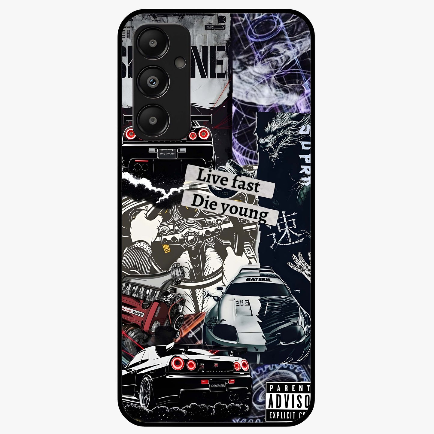 Die Young Glass Case showing flat back view with bold artistic typography design and glossy glass finish.