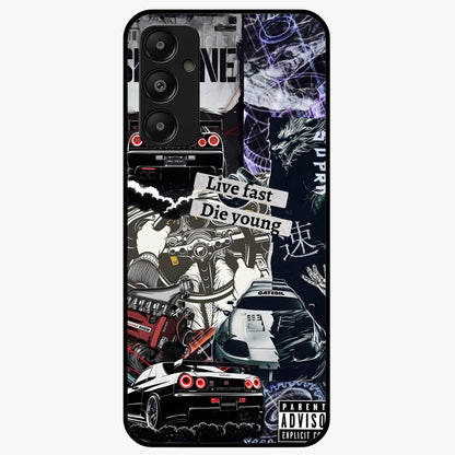 Die Young Glass Case showing flat back view with bold artistic typography design and glossy glass finish.