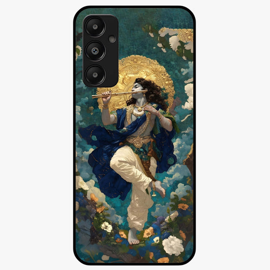 Divine Krishna Art Glass Case showing flat back view with Lord Krishna artwork and glossy glass finish.
