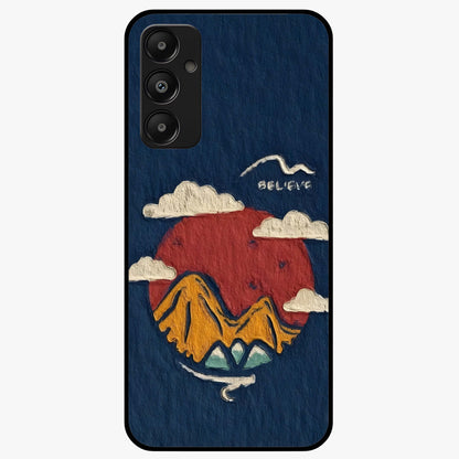 Dream Beyond Mountains Glass Case showing flat back view with scenic mountain landscape artwork and glossy glass finish.