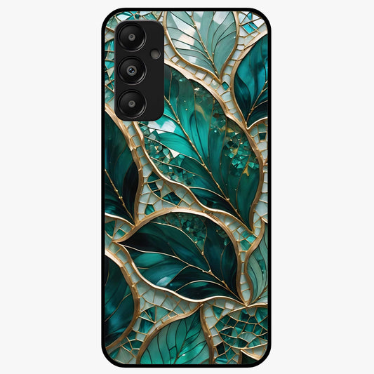 Emerald Leaf Glass Glass Case showing flat back view with emerald green leaf artwork and glossy glass finish.