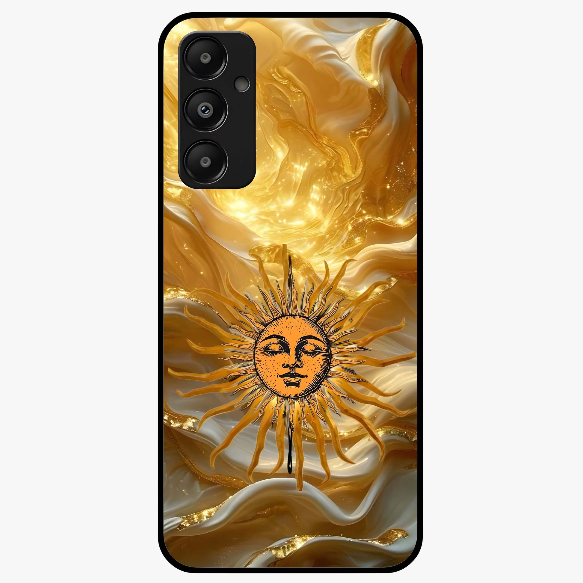 Eternal Golden Glow Glass Case showing flat back view with radiant golden themed artwork and glossy glass finish.