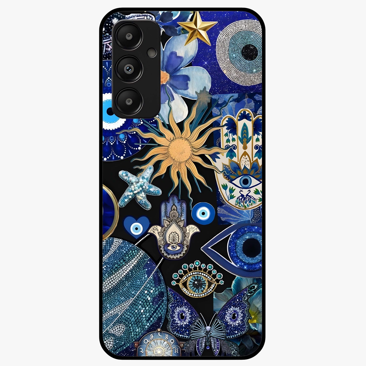 Evil Eye Charm Mix Glass Case showing flat back view with multiple evil eye charms artwork and glossy glass finish.