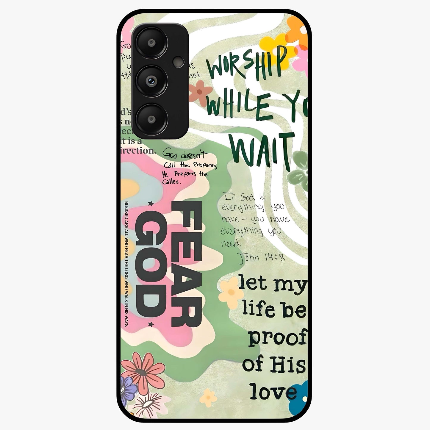 Faith Over Fear Glass Case showing flat back view with motivational typography artwork and glossy glass finish.