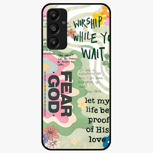 Faith Over Fear Glass Case showing flat back view with motivational typography artwork and glossy glass finish.