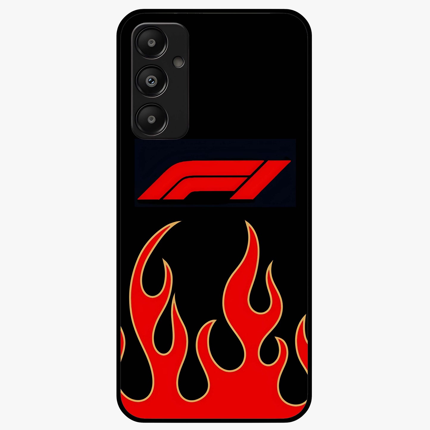 Fire F11 Glass Case showing flat back view with fiery themed artwork and glossy glass finish.