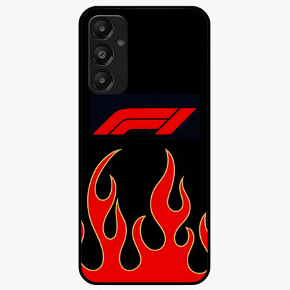 Fire F11 Glass Case showing flat back view with fiery themed artwork and glossy glass finish.
