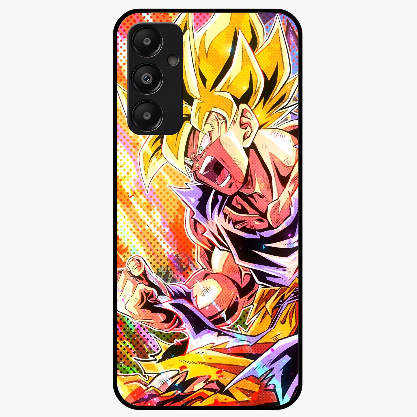 Firing Goku Glass Case showing flat back view with powerful anime inspired artwork and glossy glass finish.