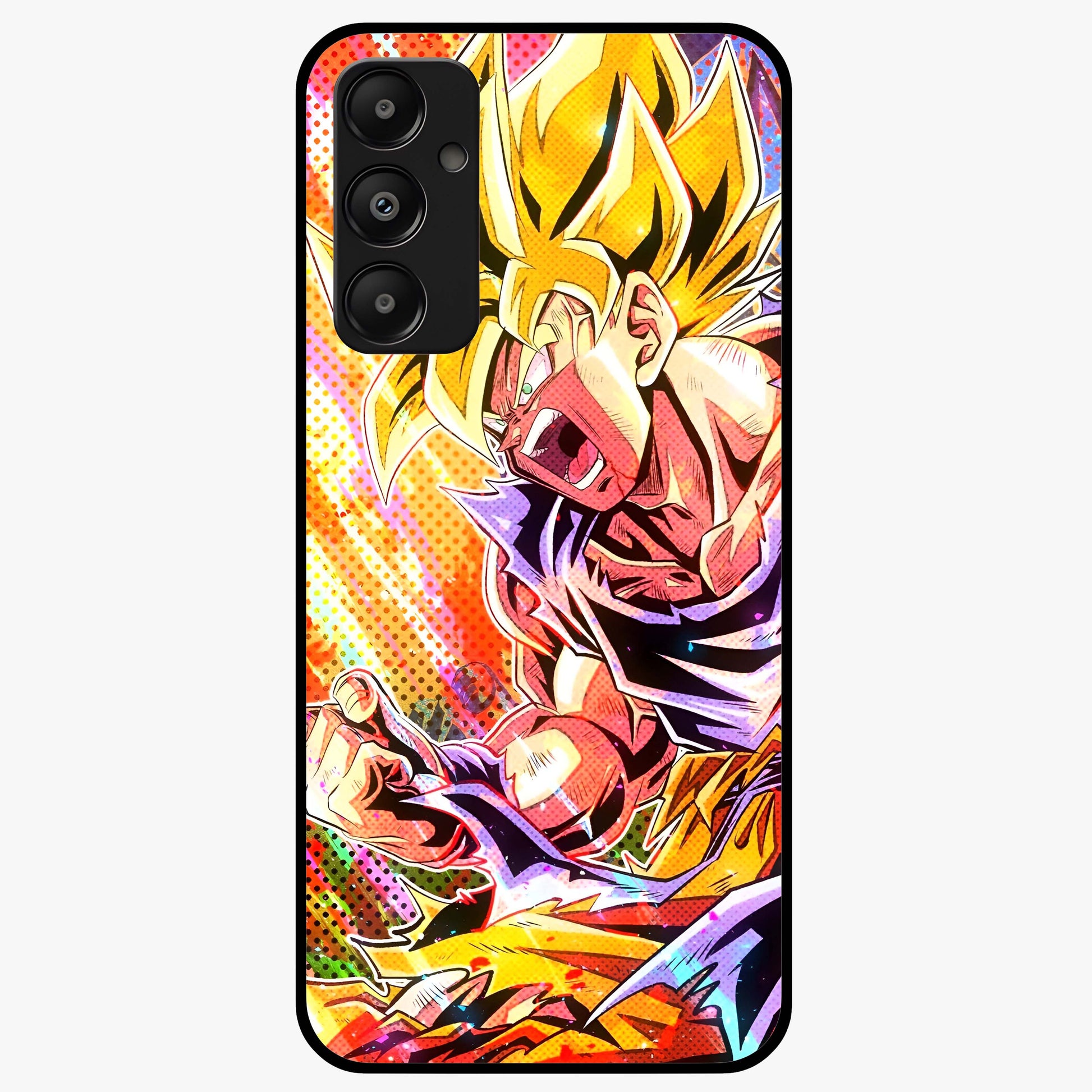Firing Goku Glass Case showing flat back view with powerful anime inspired artwork and glossy glass finish.