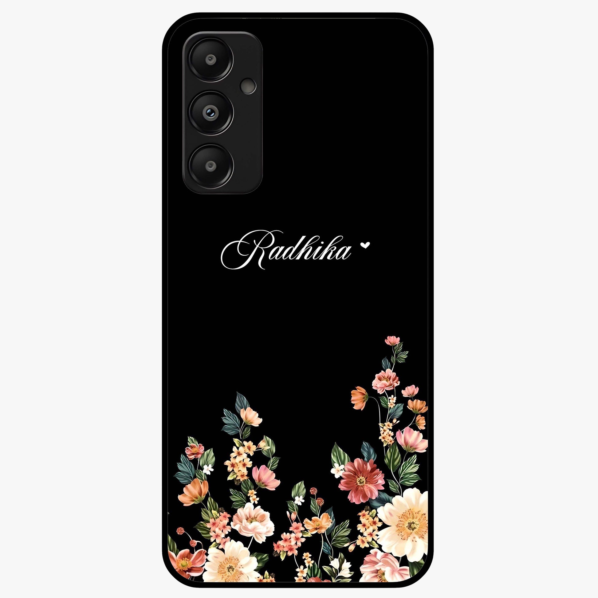 Floral Design With a Custom Personalized Name Glass Case showing flat back view with floral artwork and personalized name design.
