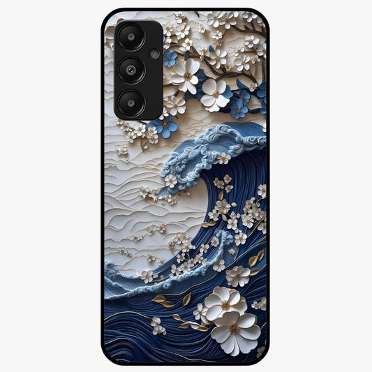 Floral Wave Origami Glass Case showing flat back view with origami inspired floral wave artwork and glossy glass finish.