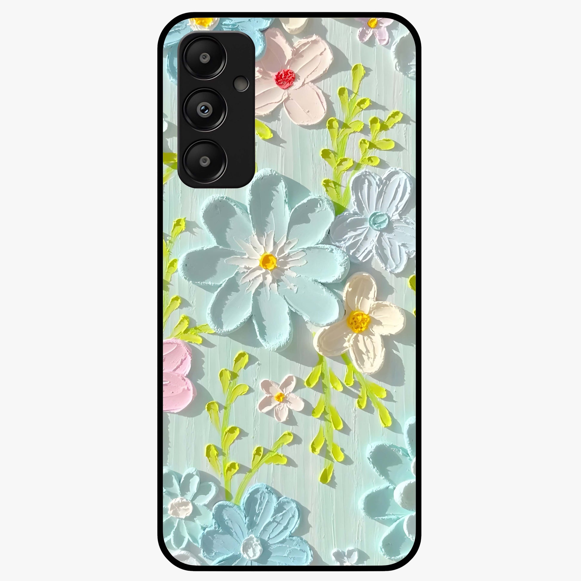 Frosted Petal Garden Glass Case showing flat back view with soft frosted floral artwork and glossy glass finish.