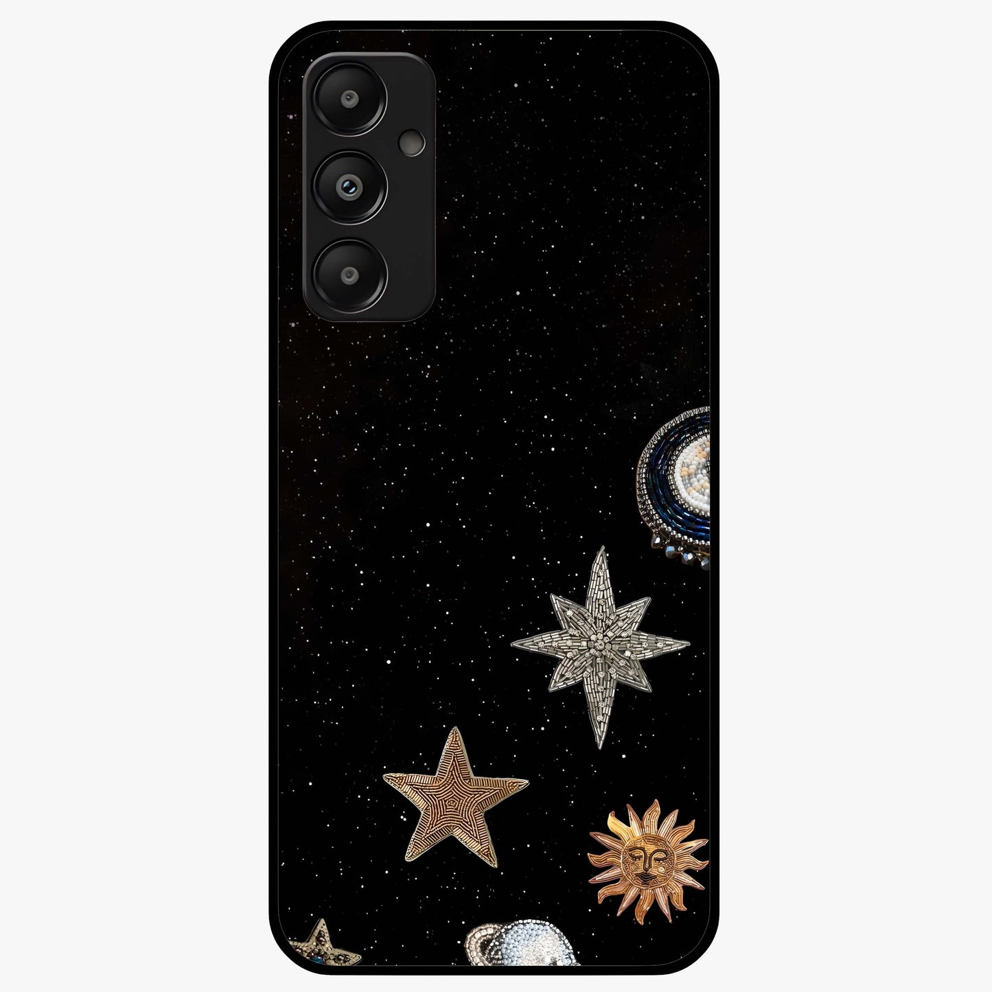 Galactic Charm Glow Glass Case showing flat back view with glowing celestial charm artwork and glossy glass finish.