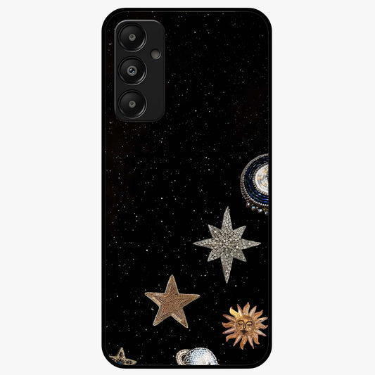 Galactic Charm Glow Glass Case showing flat back view with glowing celestial charm artwork and glossy glass finish.