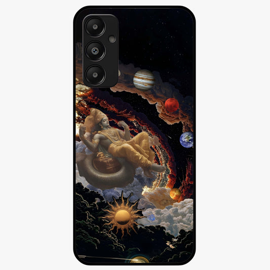 Galactic Divine God Glass Case showing flat back view with divine cosmic themed artwork and glossy glass finish.
