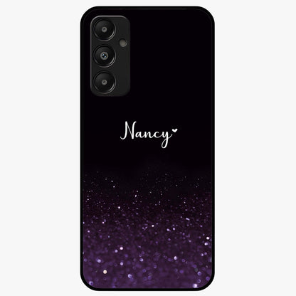 Glittery Purple Bokeh Custom Name Glass Case showing flat back view with purple bokeh sparkle artwork and personalized name design.