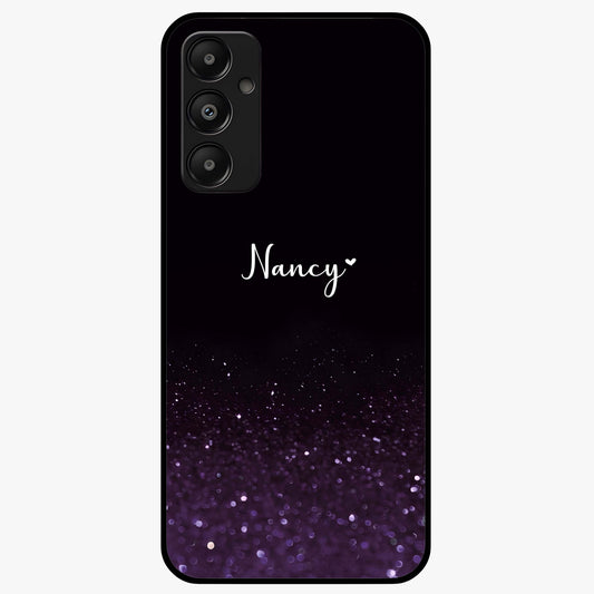 Glittery Purple Bokeh Custom Name Glass Case showing flat back view with purple bokeh sparkle artwork and personalized name design.