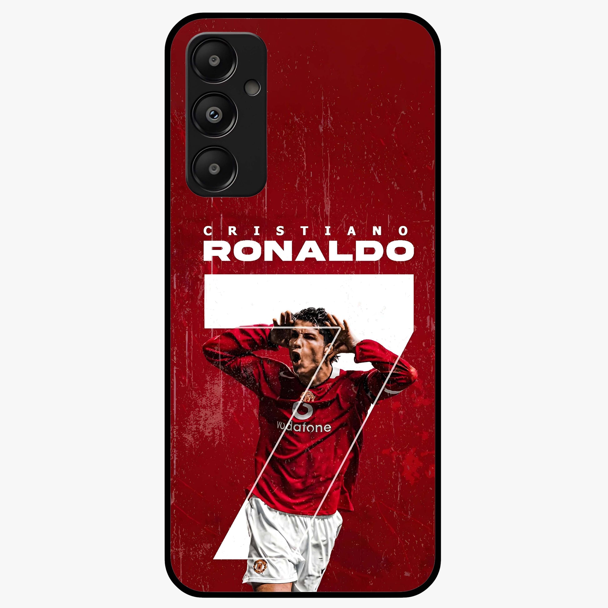 Goal Celebration Legacy Glass Case showing flat back view with football celebration inspired artwork and glossy glass finish.