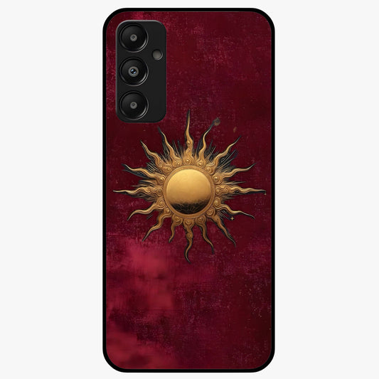 Gold Sun Blush Glass Case showing flat back view with golden sun inspired artwork and glossy glass finish.