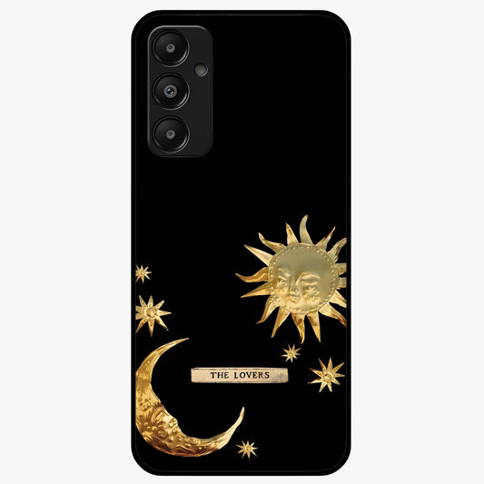 Golden Celestial Charm Glass Case showing flat back view with golden celestial charm artwork and glossy glass finish.