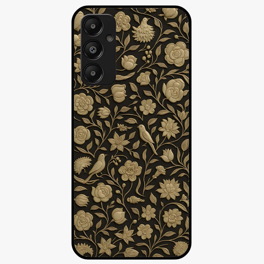 Golden Floral Majesty Glass Case showing flat back view with luxurious golden floral artwork and glossy glass finish.