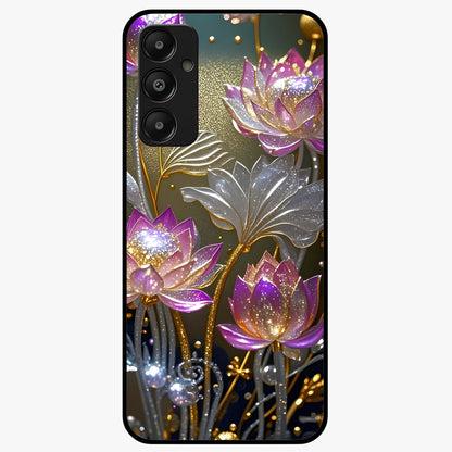 Golden Lotus Glow Glass Case showing flat back view with glowing lotus flower artwork and glossy glass finish.