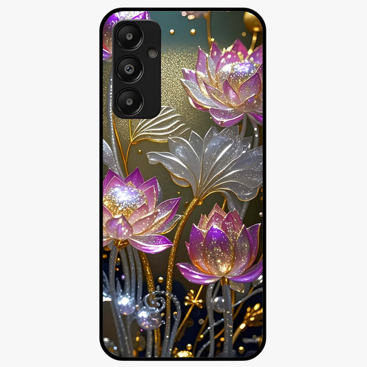 Golden Lotus Glow Glass Case showing flat back view with glowing lotus flower artwork and glossy glass finish.