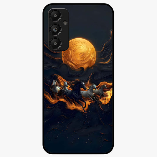 Golden Stallion Moonride Glass Case showing flat back view with majestic horse under moonlight artwork and glossy glass finish.