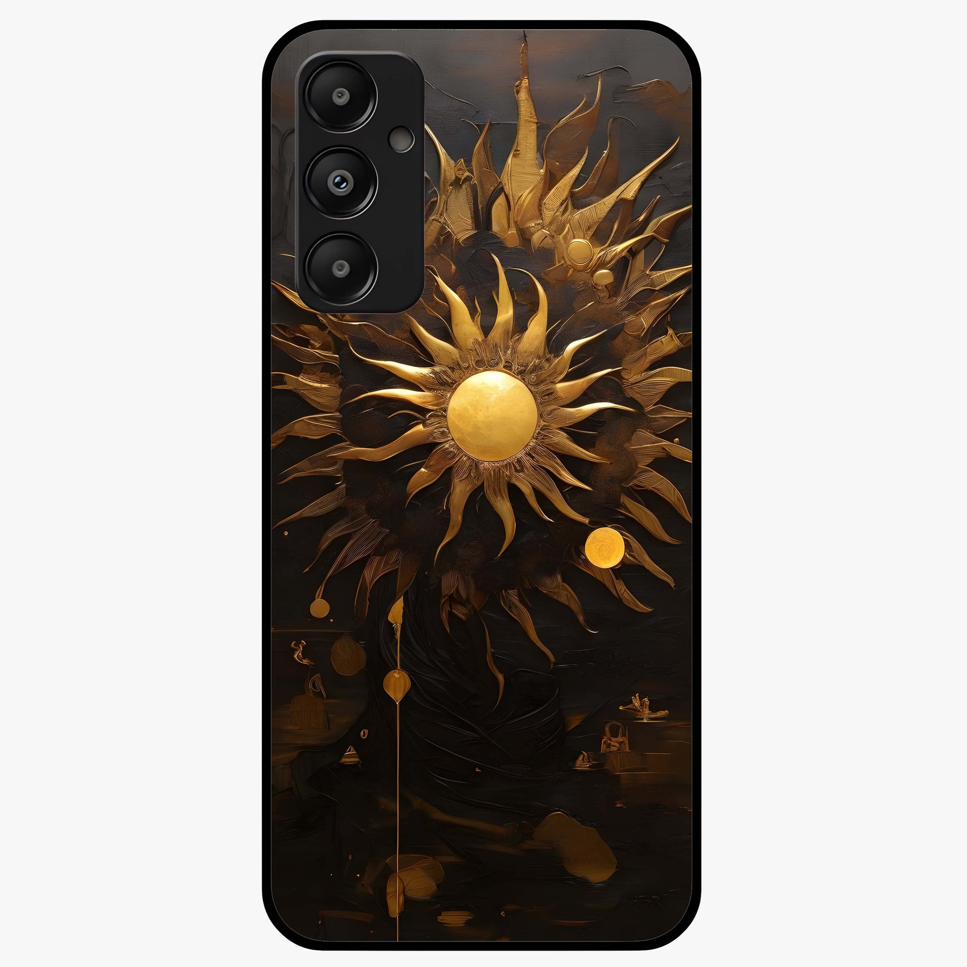 Golden Sun Majesty Glass Case showing flat back view with radiant golden sun artwork and glossy glass finish.