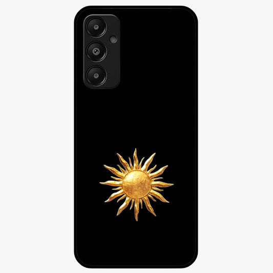 Golden Sun Minimalism Glass Case showing flat back view with minimal golden sun artwork and glossy glass finish.