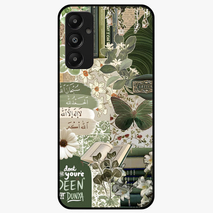 Green Islamic Books Quotes Glass Case showing flat back view with Islamic quotes and book themed artwork and glossy glass finish.