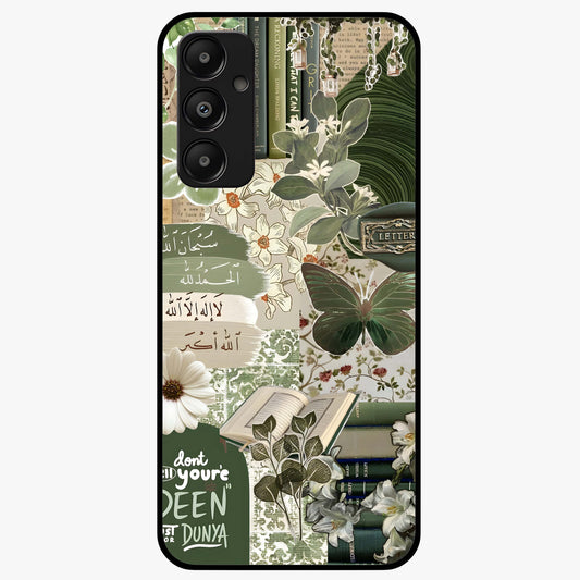 Green Islamic Books Quotes Glass Case showing flat back view with Islamic quotes and book themed artwork and glossy glass finish.