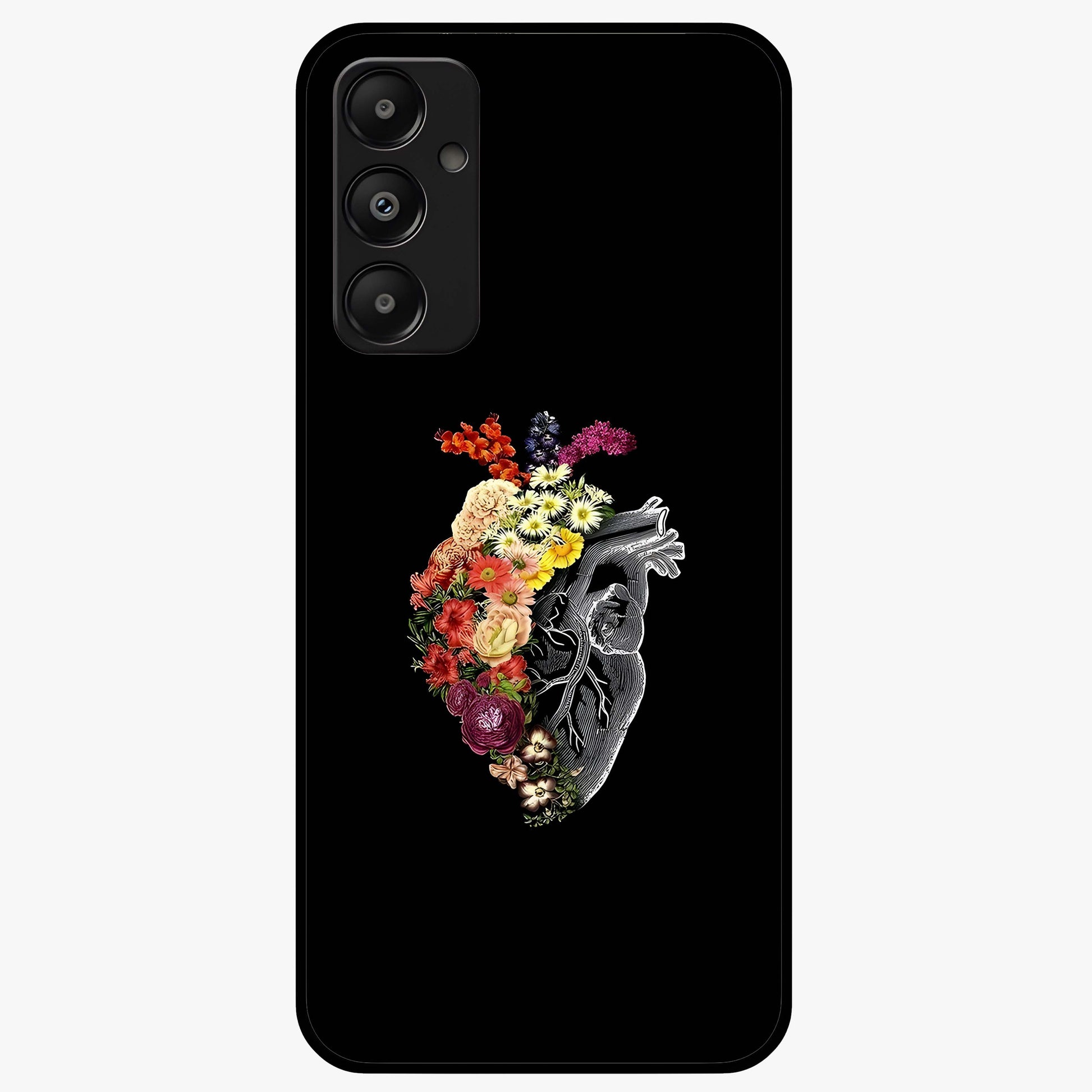 Heart With Flowers Glass Case showing flat back view with heart shaped floral artwork and glossy glass finish.