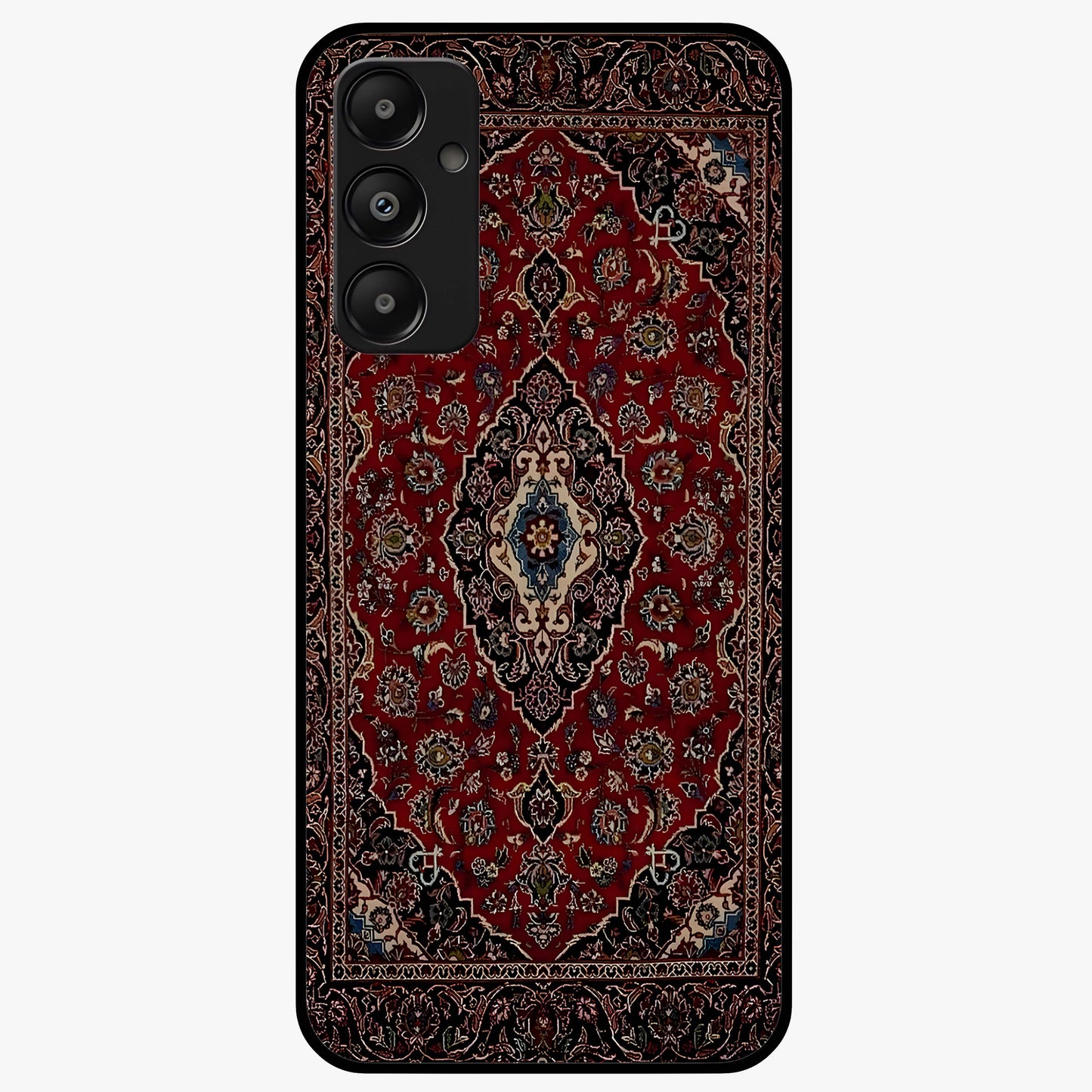 Heritage Carpet Royale Glass Case showing flat back view with ornate Persian carpet inspired pattern and glossy glass finish.
