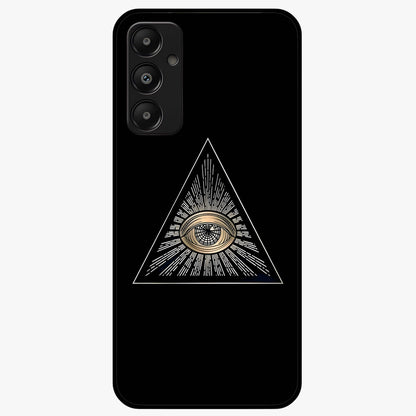 Illuminati Evil Glass Case showing flat back view with mysterious illuminati symbol artwork and glossy glass finish.
