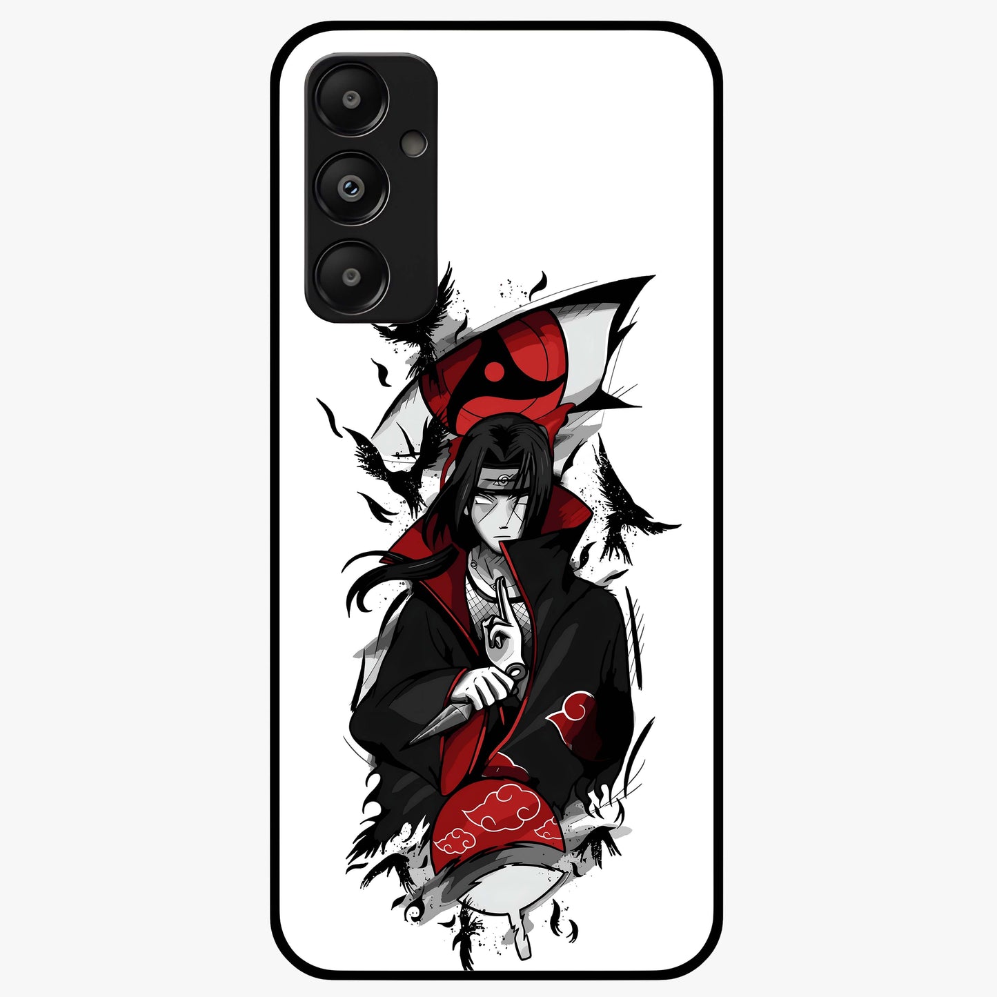 Itachi Sharingan Glass Case showing flat back view with powerful anime eye artwork and glossy glass finish.