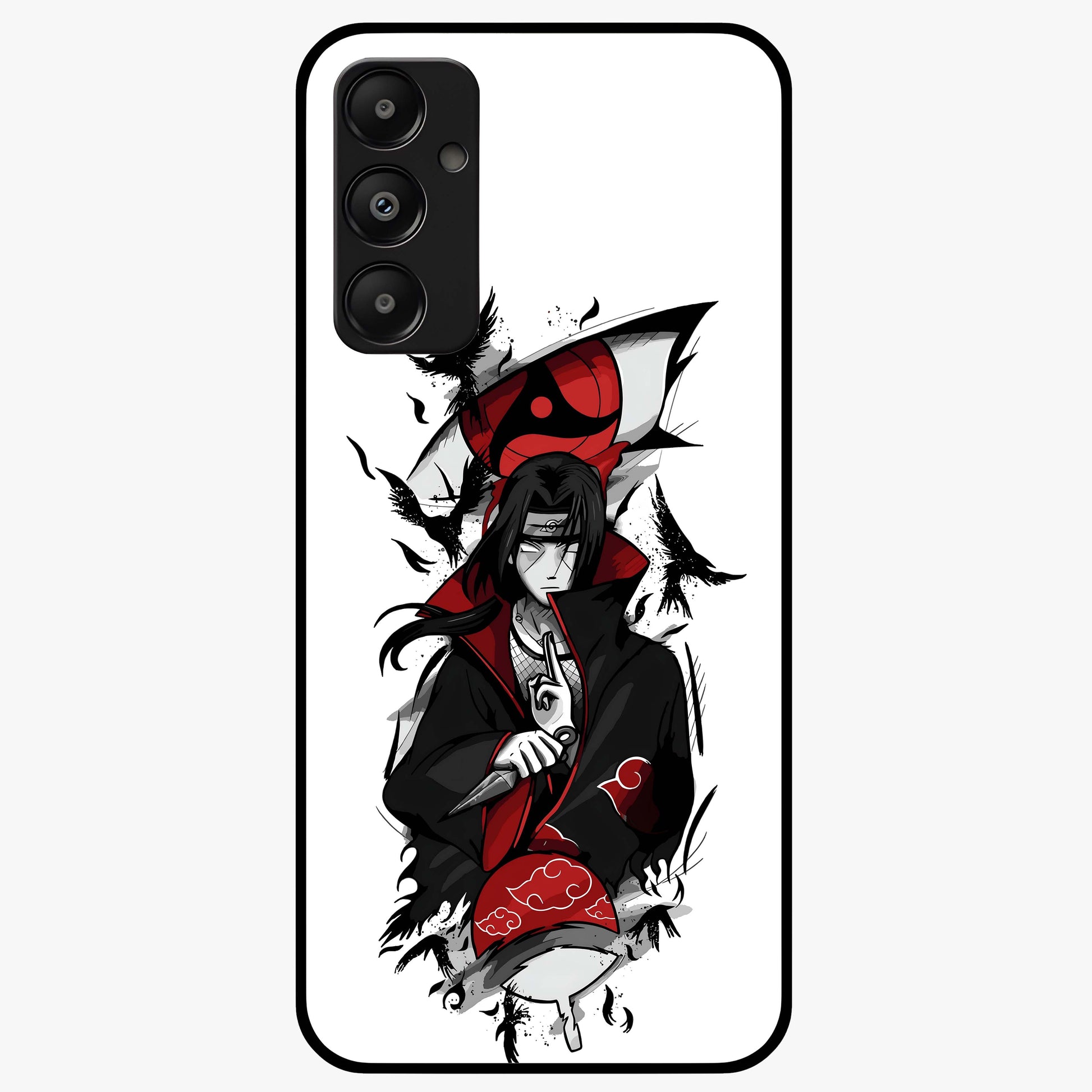 Itachi Sharingan Glass Case showing flat back view with powerful anime eye artwork and glossy glass finish.