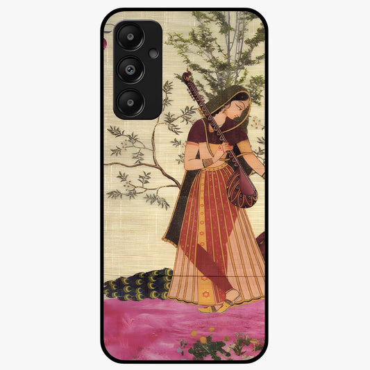 Lady With Veena Art Glass Case showing flat back view with elegant woman playing veena artwork and glossy glass finish.