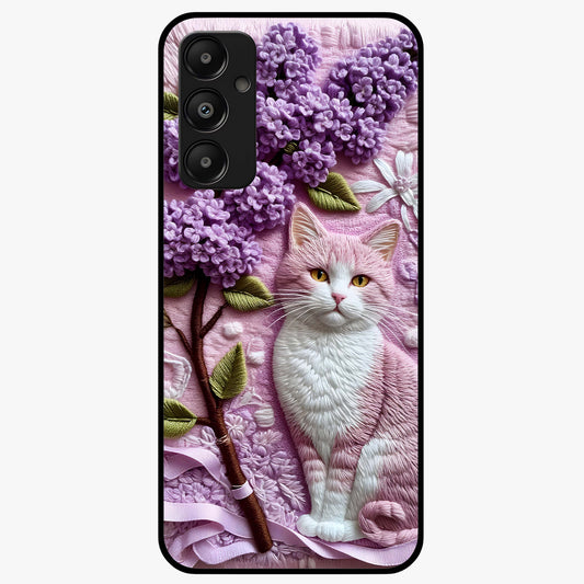 Lavender Cat Whimsy Glass Case showing flat back view with cute lavender cat artwork and glossy glass finish.