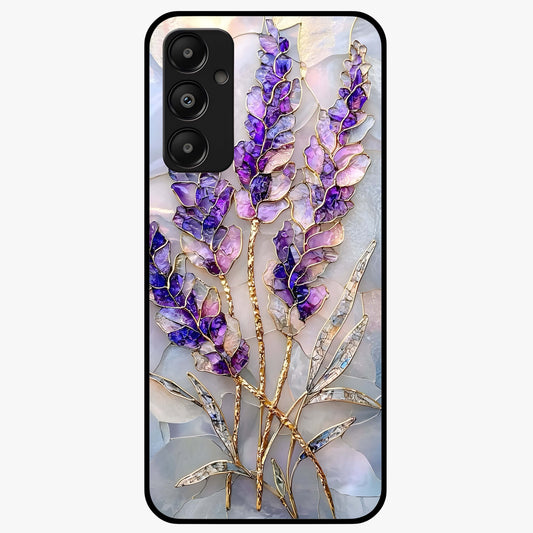 Lavender Dream Glow Glass Case showing flat back view with glowing lavender aesthetic artwork and glossy glass finish.