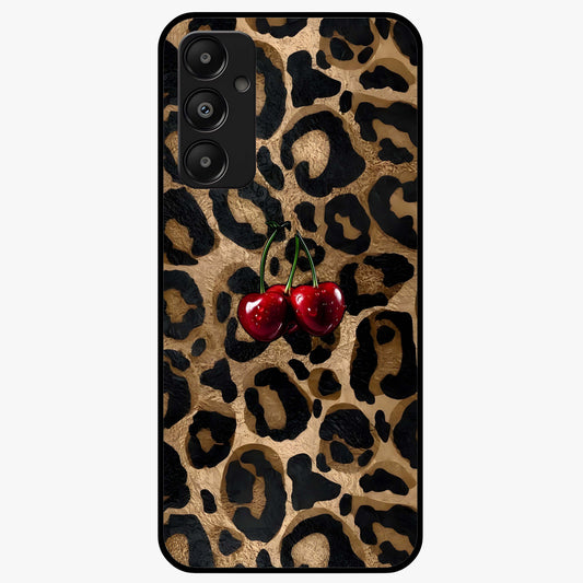Leopard Wild Cherry Glass Case showing flat back view with leopard pattern and cherry artwork and glossy glass finish.
