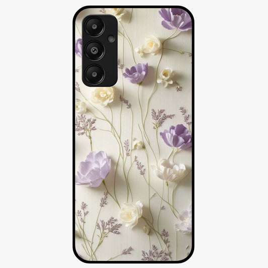 Lilac Breeze Harmony Glass Case showing flat back view with soft lilac themed artwork and glossy glass finish.