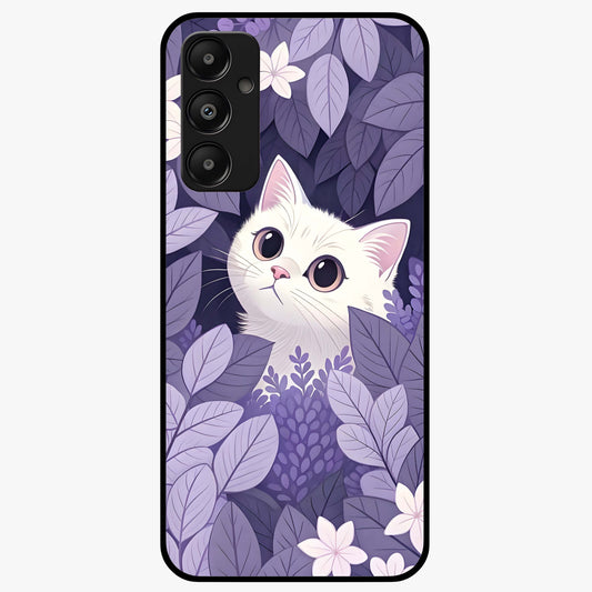 Lilac Hide Peek Cat Glass Case showing flat back view with cute peeking cat artwork and glossy glass finish.