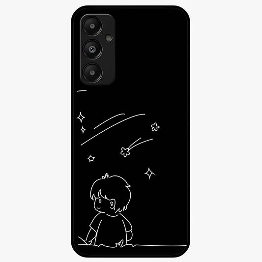 Line Art Boy With Shooting Stars Glass Case showing flat back view with minimal line art boy and shooting stars illustration and glossy glass finish.
